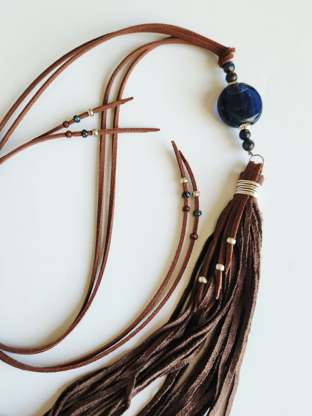Boho Suede Tassel Necklace with Blue Glass Bead and Jasper Accents
